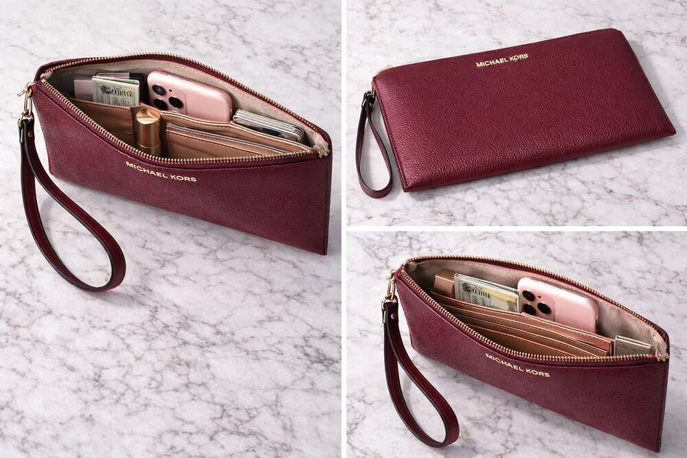 Michael Kors Red Leather Wristlet Clutch Zip Pouch Gold Tone Logo